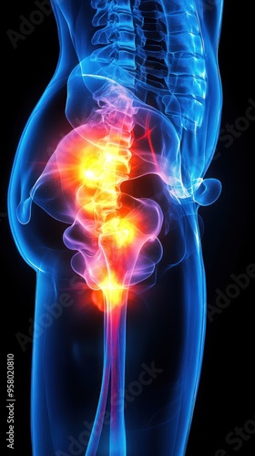 A 3D medical illustration of a human hip with highlighted pain points.