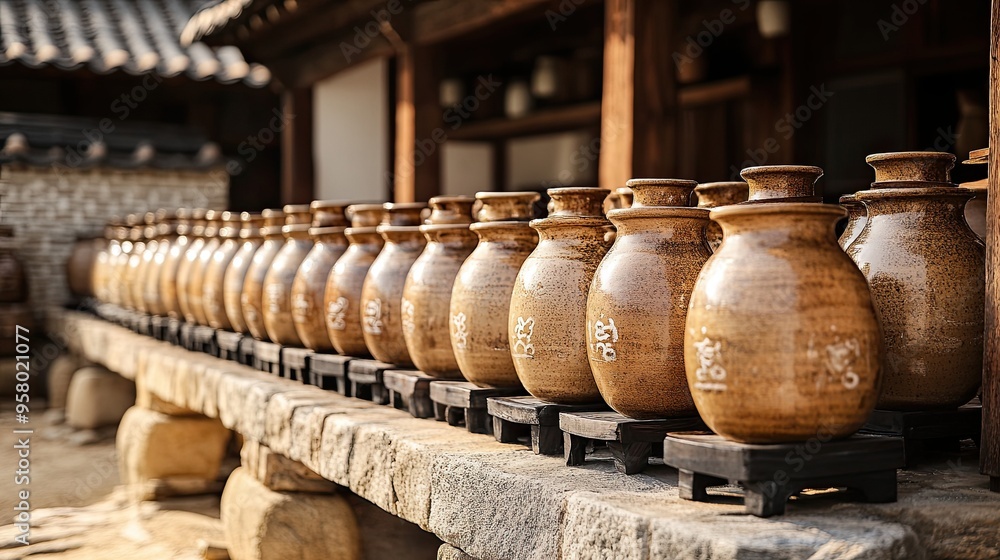 27. A close-up of a Korean jangdokdae, with rows of earthenware fermentation jars for kimchi and soy sauce, placed on a stone platform in a traditional courtyard 27. A close-up of a Korean jangdokdae, with rows of earthenware fermentation jars for kimchi and soy sauce, placed on a stone platform in a traditional courtyard