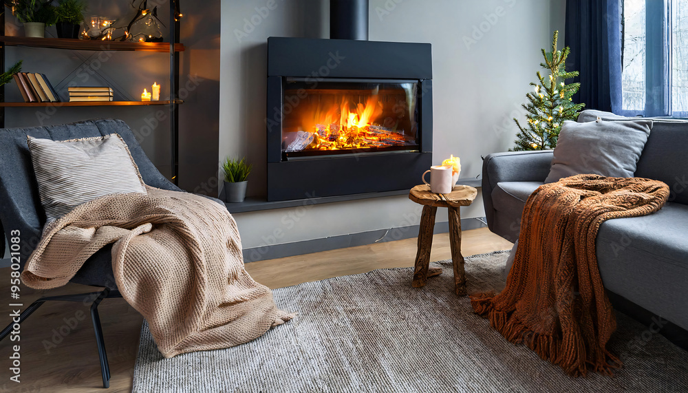 Fototapeta premium A stylish electric fireplace with a glowing flame effect, set in a modern living room decorated for winter. 