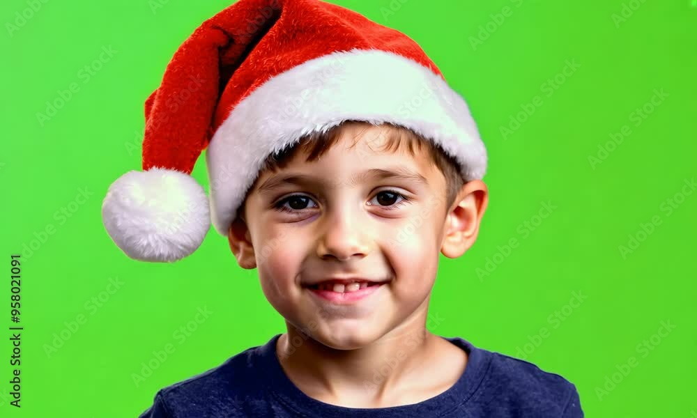 A young boy wearing a red Santa hat and smiling. The image has a festive and joyful mood A young boy wearing a red Santa hat and smiling. The image has a festive and joyful mood