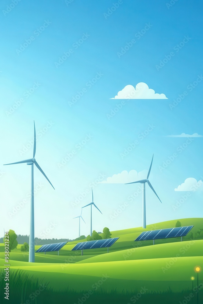 Fototapeta premium A vibrant landscape featuring wind turbines and solar panels under a clear blue sky, symbolizing renewable energy and sustainability.