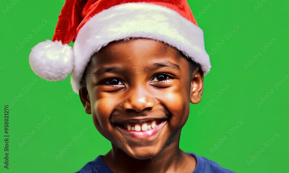 A young boy wearing a red and white Santa hat. He is looking at the camera with a sad expression A young boy wearing a red and white Santa hat. He is looking at the camera with a sad expression