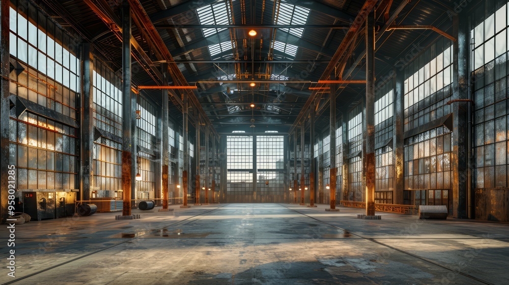 A high-tech industrial facility, showcasing steel beams and exposed ducts, sleek design, open layout, and a focus on modern engineering and efficiency A high-tech industrial facility, showcasing steel beams and exposed ducts, sleek design, open layout, and a focus on modern engineering and efficiency