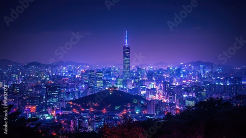 22. A scenic view of Seoul s skyline at night, with modern skyscrapers illuminated by city lights, and the iconic Namsan Tower glowing against the dark sky