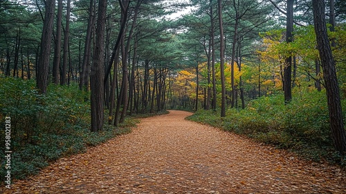 19. A serene Korean forest path, with tall pine trees, a carpet of fallen leaves, and soft sunlight filtering through the canopy, creating a tranquil atmosphere