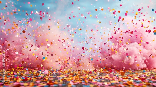 Colorful confetti bursts and pink smoke create a festive atmosphere during a celebration outdoors on a bright sunny day