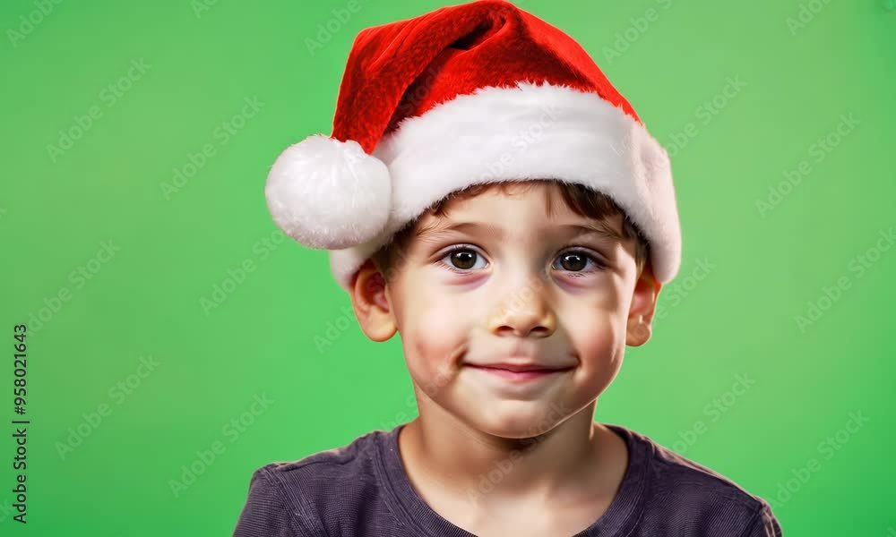 A young boy wearing a red Santa hat and smiling. Concept of joy and happiness, as the child is dressed up for Christmas and he is enjoying the festive season A young boy wearing a red Santa hat and smiling. Concept of joy and happiness, as the child is dressed up for Christmas and he is enjoying the festive season