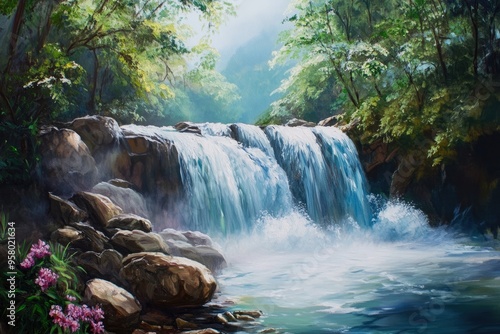 Vibrant oil painting of a stunning rainforest waterfall with rushing water over rocks showcasing a serene natural landscape and an inviting outdoor adventure scene