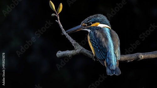 A kingfisher bird perched on a branch, displaying its stunning blue and orange plumage, set against a dark, blurred background. photo