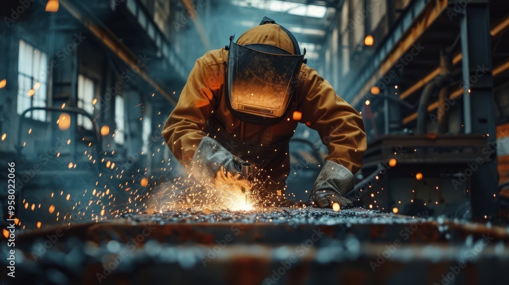 A welder in protective gear, bent over a metal frame, sparks scattering across a rough concrete floor, industrial warehouse with dark, gritty walls A welder in protective gear, bent over a metal frame, sparks scattering across a rough concrete floor, industrial warehouse with dark, gritty walls