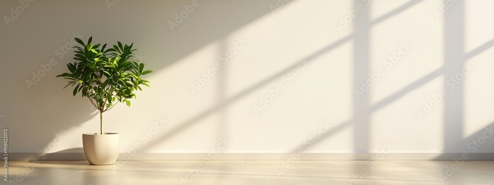 A potted plant on a wooden floor, in front of a white wall, casting a long shadow from the window A potted plant on a wooden floor, in front of a white wall, casting a long shadow from the window