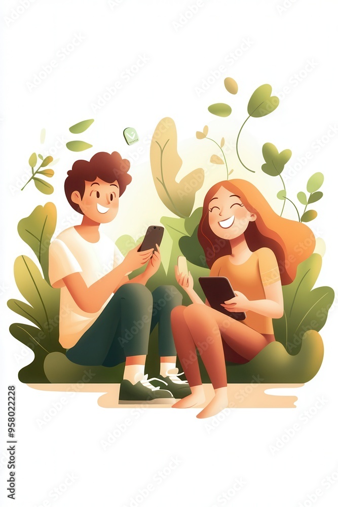 Two friends enjoy a cheerful moment outdoors, engaging with their smartphones amidst lush green plants, radiating happiness. Two friends enjoy a cheerful moment outdoors, engaging with their smartphones amidst lush green plants, radiating happiness.