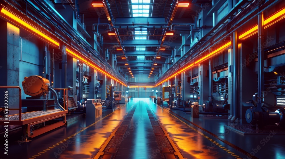 Advanced factory with AI-operated systems, IoT devices monitoring efficiency, smart technology, high-tech industrial design, seamless automation Advanced factory with AI-operated systems, IoT devices monitoring efficiency, smart technology, high-tech industrial design, seamless automation