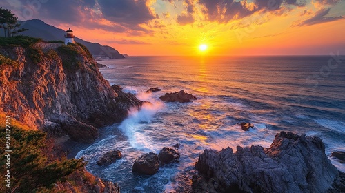 46. A picturesque Korean coastal cliff, with a traditional lighthouse, waves crashing against the rocks, and a vivid sunset casting golden light over the scene
