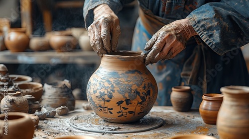 42. A traditional Korean pottery wheel, with a potter s hands shaping a clay vase, surrounded by finished ceramic pieces and a backdrop of a rustic workshop photo