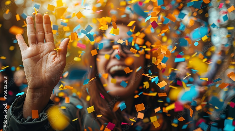 Obraz premium A joyful celebration with colorful confetti cascading over a young woman smiling and waving at an outdoor event during daytime