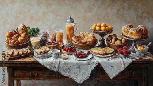 Oil painting showcasing an exquisite continental breakfast selection featuring delicious natural foods presented on a wooden table in a traditional buffet style photo