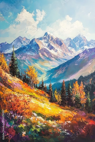 Vibrant oil painting depicting stunning mountain landscapes with rich colors and breathtaking scenery Ideal representation of beautiful natural vistas and mountainous terrains