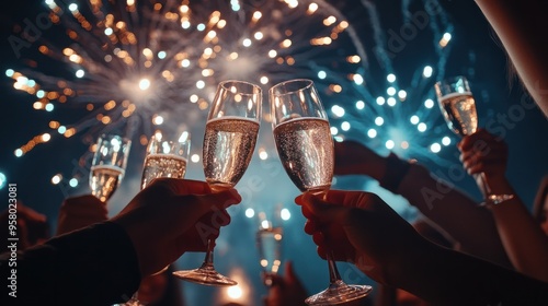 A group of young friends toasting with champagne flutes, surrounded by sparkling fireworks, capturing the excitement and celebration of the New Year. Generative Ai
