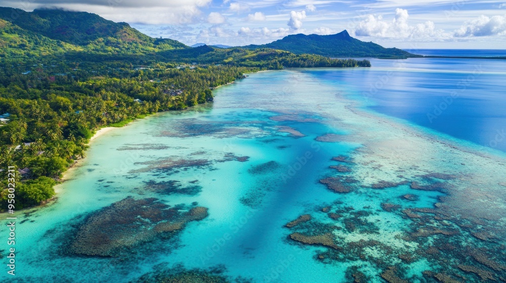 Fototapeta premium Aerial View of a Tropical Island with Turquoise Waters and Coral Reefs