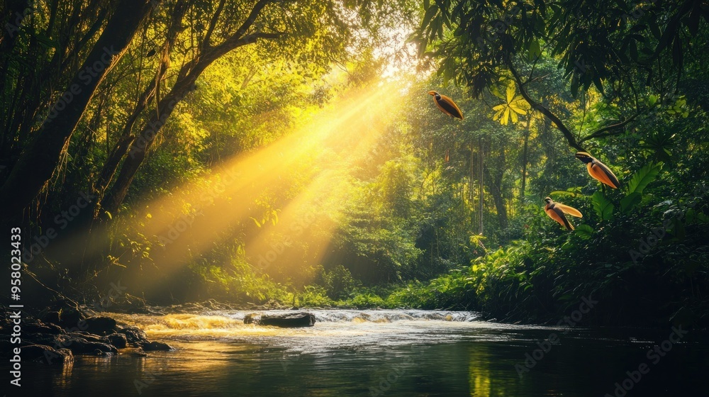 Jungle Stream with Birds in Flight Jungle Stream with Birds in Flight