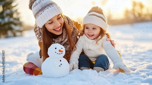 Mother and young child smiling while building snowman on sunny winter day. Family bonding and holiday joy concept