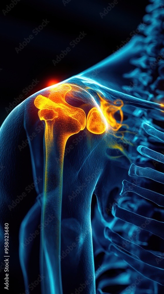 3D illustration of a human shoulder joint with pain highlighted. 3D illustration of a human shoulder joint with pain highlighted.