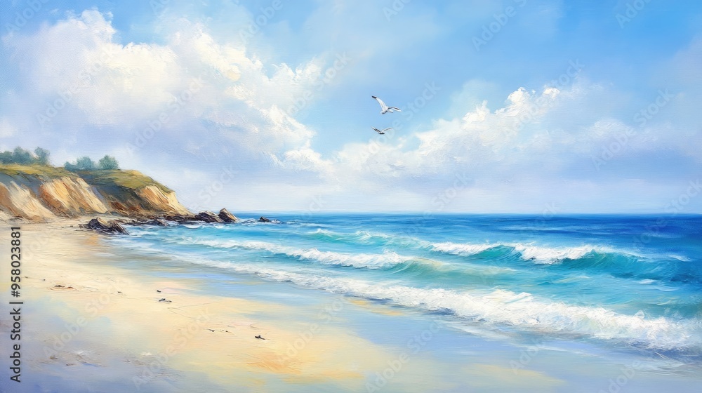 Oil painting depicting a stunning beach scene showcasing a renowned coastal destination known for its beauty and tranquility by the Atlantic Ocean Oil painting depicting a stunning beach scene showcasing a renowned coastal destination known for its beauty and tranquility by the Atlantic Ocean
