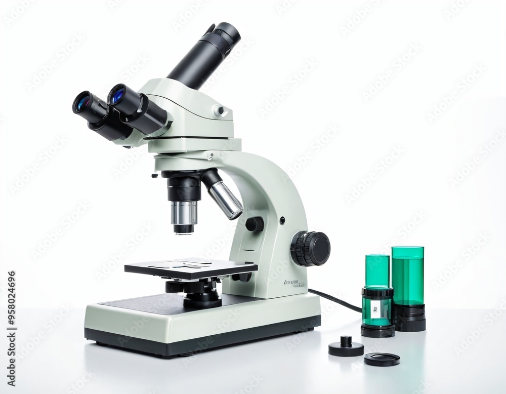 Modern microscope isolated on white. Medical equipment. Ai generated image Modern microscope isolated on white. Medical equipment. Ai generated image