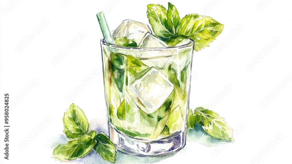 Refreshing Mojito Cocktail Illustration with Mint and Ice in a Stylish Glass Refreshing Mojito Cocktail Illustration with Mint and Ice in a Stylish Glass