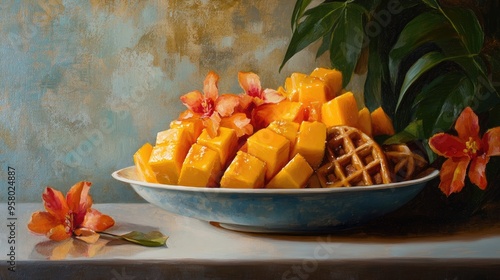 Oil painting depicting a fruit dish featuring mangoes and waffles photo