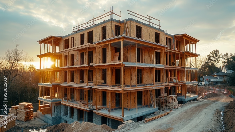 New construction building in a suburban area at sunset, showcasing wooden framing and ongoing development activities New construction building in a suburban area at sunset, showcasing wooden framing and ongoing development activities