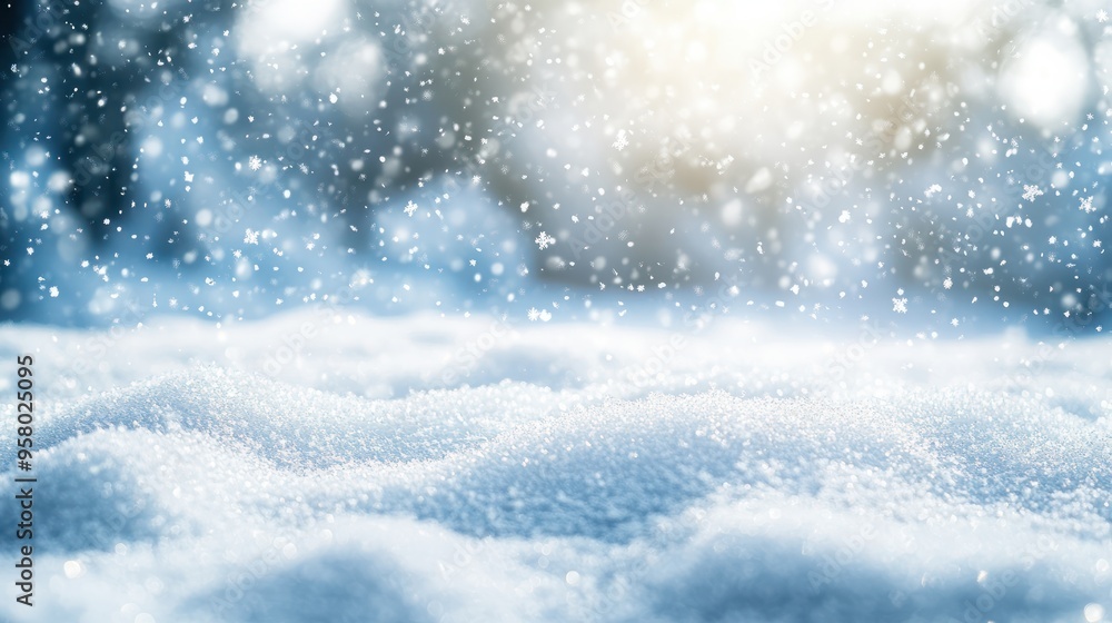 Naklejka premium beautiful white empty winter idyll, shiny snowflakes on blurred winter landscape, christmas background with advertising space on snow cover, holiday season backdrop