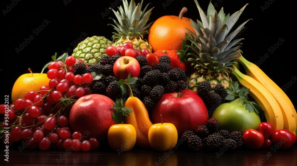 Fresh fruits, vegetables and berries. On a black background. Banner Top view. Free space for your text. Fresh fruits, vegetables and berries. On a black background. Banner Top view. Free space for your text.