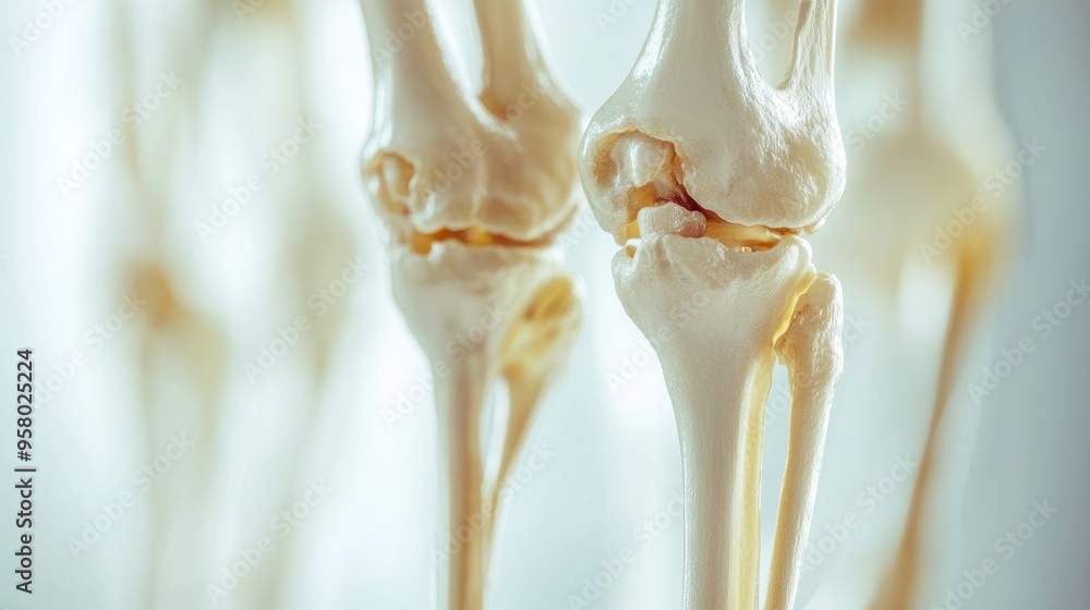 Close-up of two human knee joints, showing the intricate details of the bones and ligaments. Close-up of two human knee joints, showing the intricate details of the bones and ligaments.