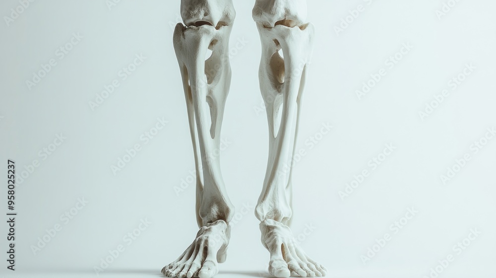 Close-up of a human skeleton's legs and feet, isolated on a white background. Close-up of a human skeleton's legs and feet, isolated on a white background.