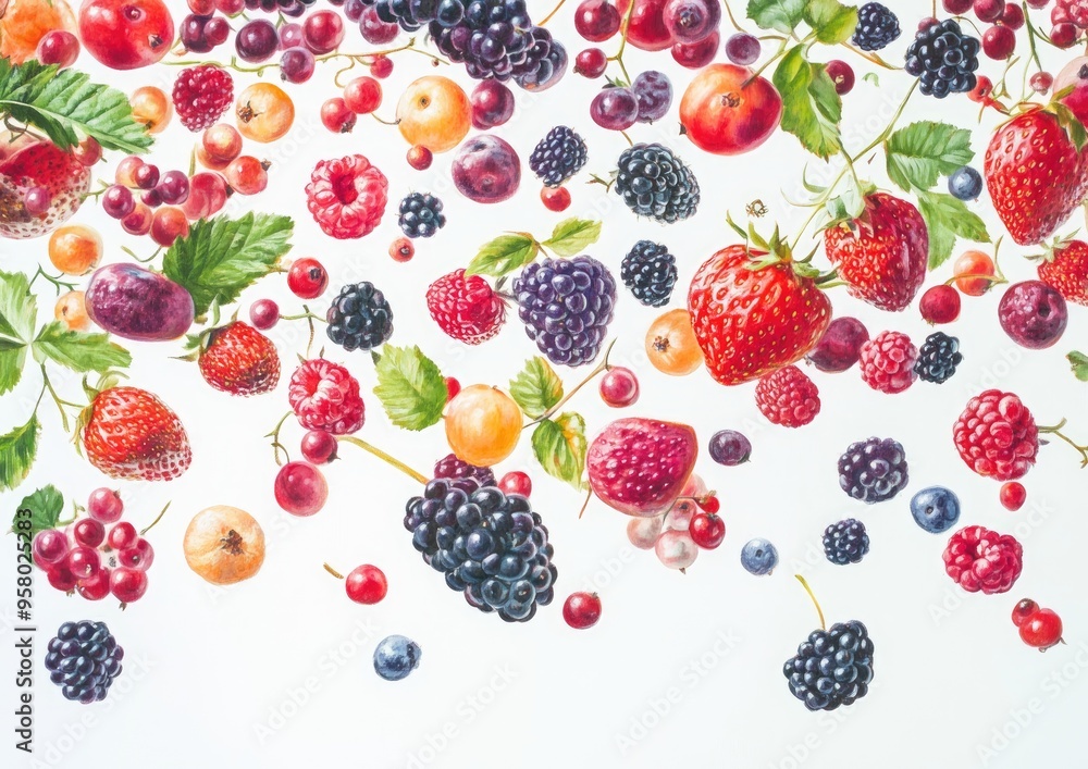Oil painting depicting an assortment of flying wild berries against a white background showcasing a mix of various fruits in motion and highlighting their vibrant colors Oil painting depicting an assortment of flying wild berries against a white background showcasing a mix of various fruits in motion and highlighting their vibrant colors