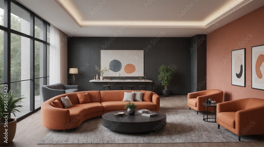 Fototapeta premium Dark grey interior wall living room with orange sofa set, interior design template.