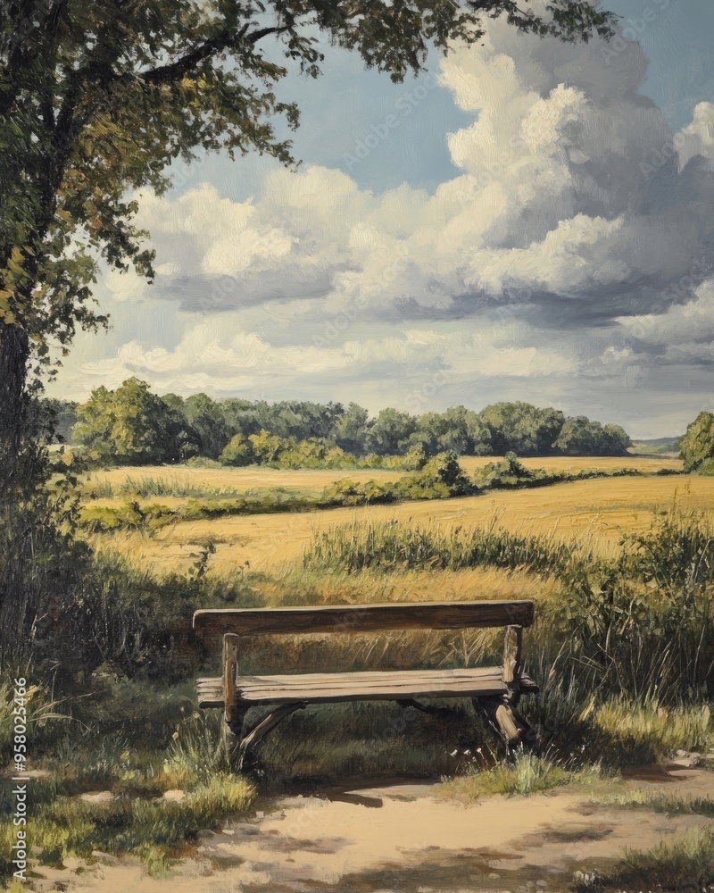 Oil painting depicting a rustic wooden bench in a serene agricultural landscape Oil painting depicting a rustic wooden bench in a serene agricultural landscape