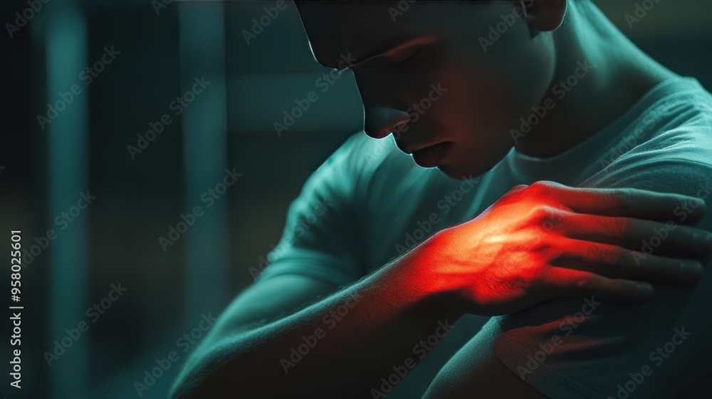 © Iswanto - A young man holds his injured shoulder, with a red glow highlighting the pain. © Iswanto - A young man holds his injured shoulder, with a red glow highlighting the pain.