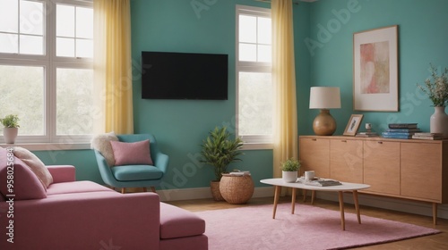 A living room design with an empty television screen on the wall concept image, interior design template.