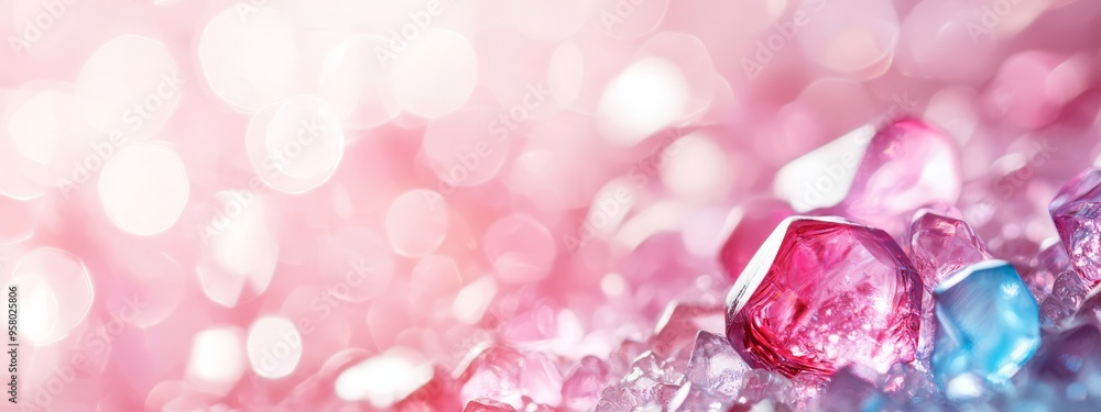 A collection of pink and blue diamonds atop a pink and white backdrop, softly lit with a blurred light source behind A collection of pink and blue diamonds atop a pink and white backdrop, softly lit with a blurred light source behind