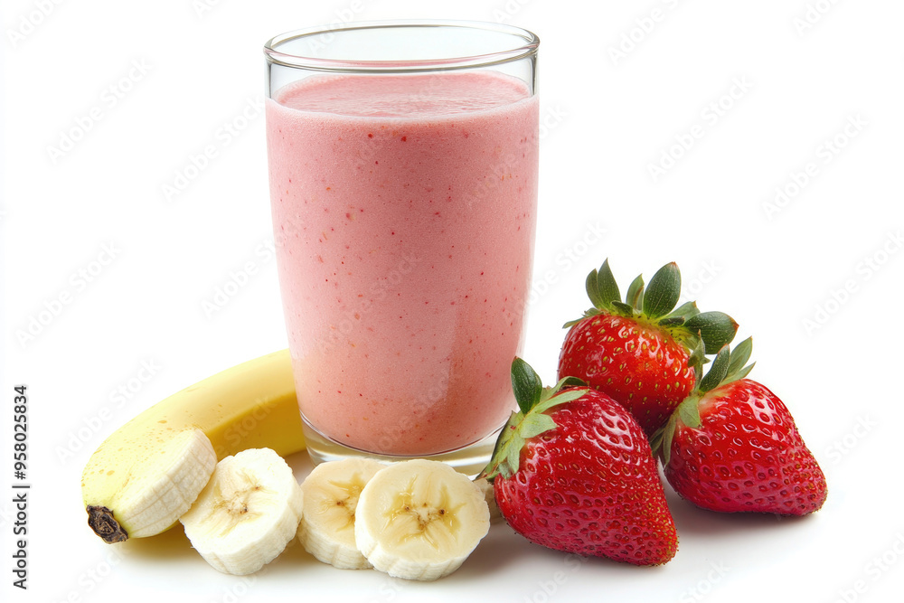 Strawberry-banana smoothie in a glass with strawberries and banana on a white background. Strawberry-banana smoothie in a glass with strawberries and banana on a white background.