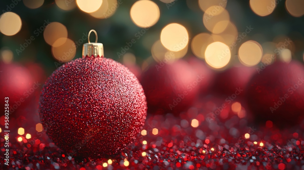 Fototapeta premium Sparkling red Christmas ornament surrounded by festive decorations in a softly lit holiday atmosphere