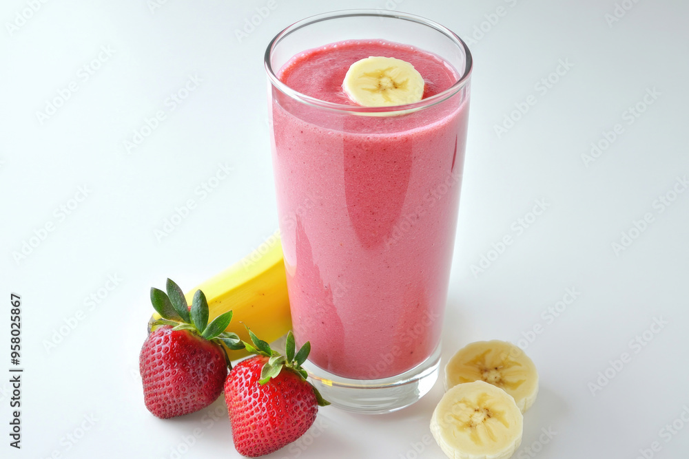 Strawberry-banana smoothie in a glass with strawberries and banana on a white background. Strawberry-banana smoothie in a glass with strawberries and banana on a white background.