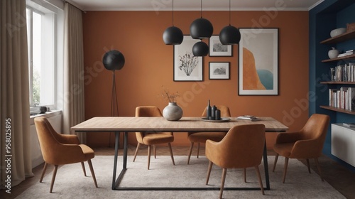 Dining room with brownish armchairs Interior design image with vibrant colour theme.