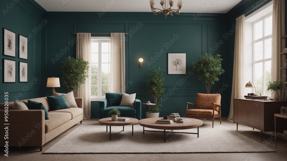 High-resolution multiple photo frames on the dark green wall interior design image, 3d render High-resolution multiple photo frames on the dark green wall interior design image, 3d render