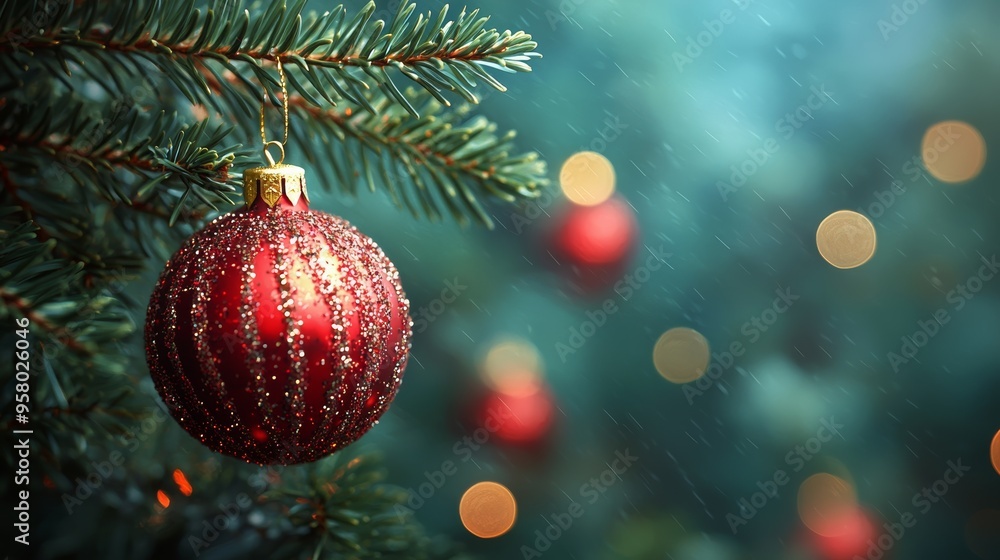 A festive close-up of a glittering red ornament hanging from a pine tree during the holiday season with soft bokeh lights in the background A festive close-up of a glittering red ornament hanging from a pine tree during the holiday season with soft bokeh lights in the background