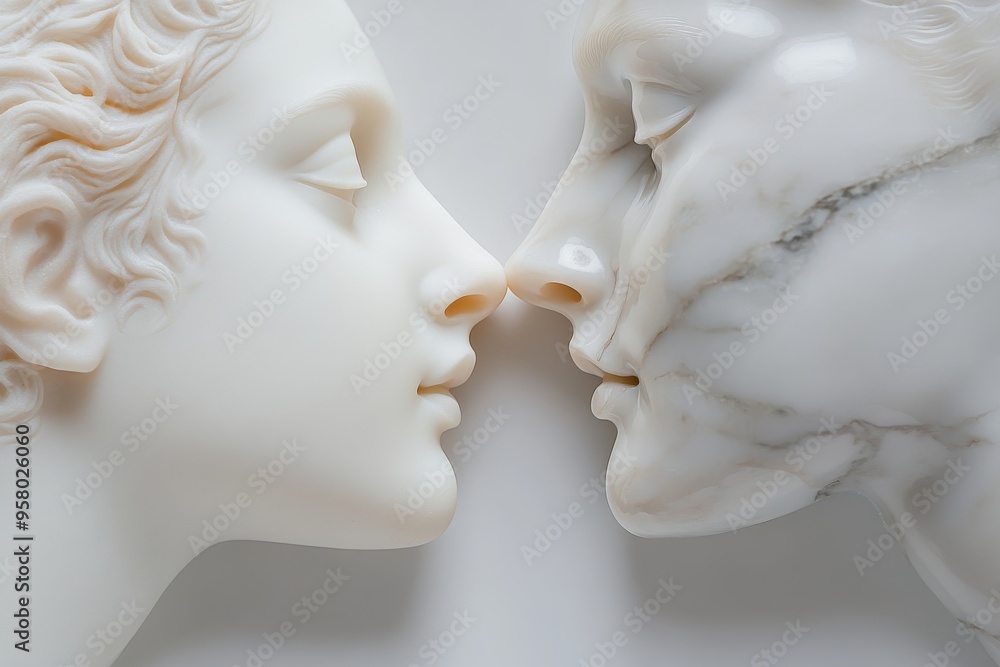 Two intricately carved marble statues in a close embrace, highlighting classical sculpture art and depicting an intimate human moment in marble. Two intricately carved marble statues in a close embrace, highlighting classical sculpture art and depicting an intimate human moment in marble.
