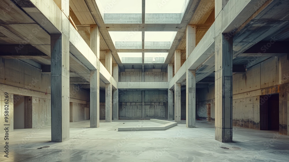 Construction site, minimalist, clean lines, steel and concrete focus Construction site, minimalist, clean lines, steel and concrete focus